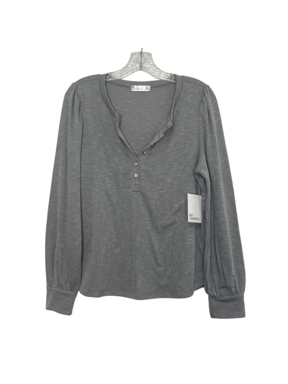 89th Madison Henley Long Sleeve Top Waffle Knit Medium Light Heather Grey New